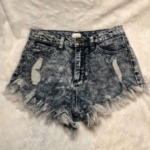 SNEAK PEEK WOMENS DARK WASH FRAYED HIGH RISE SHORT SHORTS